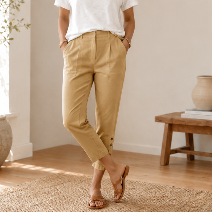 LUNESSA | BUTTON-HEM CROPPED COTTON PANTS FOR WOMEN
