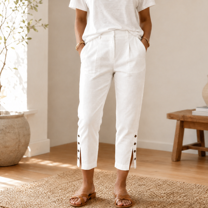 LUNESSA | BUTTON-HEM CROPPED COTTON PANTS FOR WOMEN