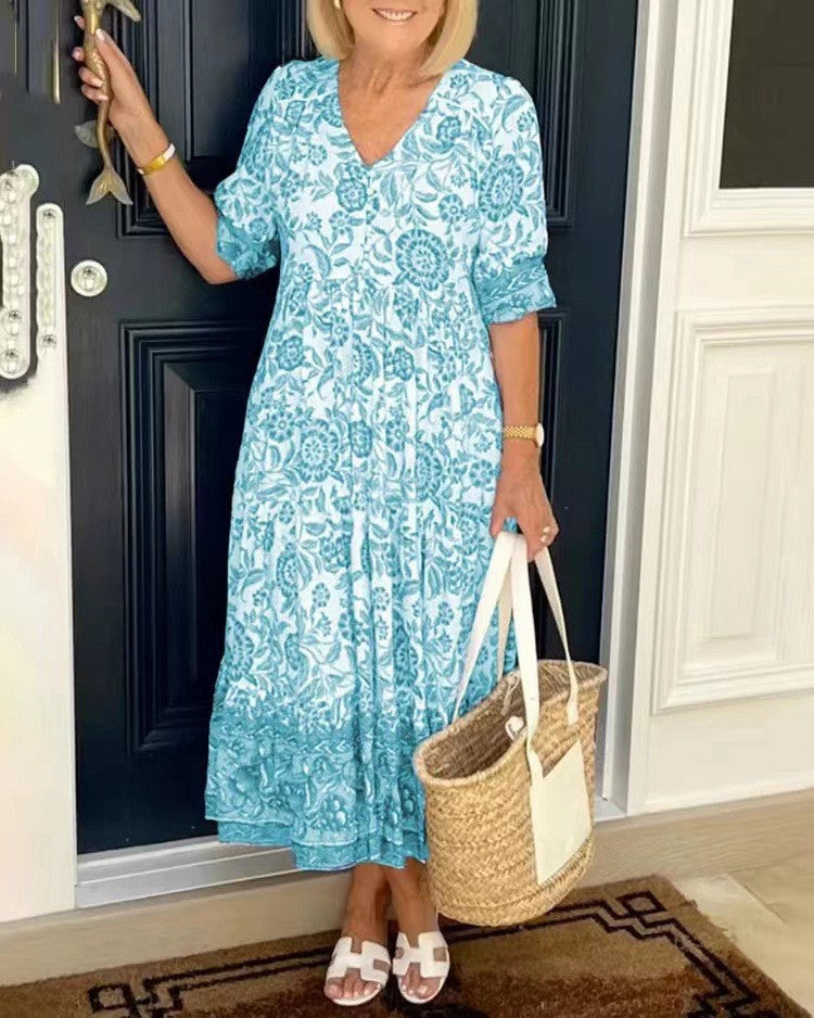 KEISHA | GRACEFUL V-NECK FLORAL DRESS FOR WOMEN