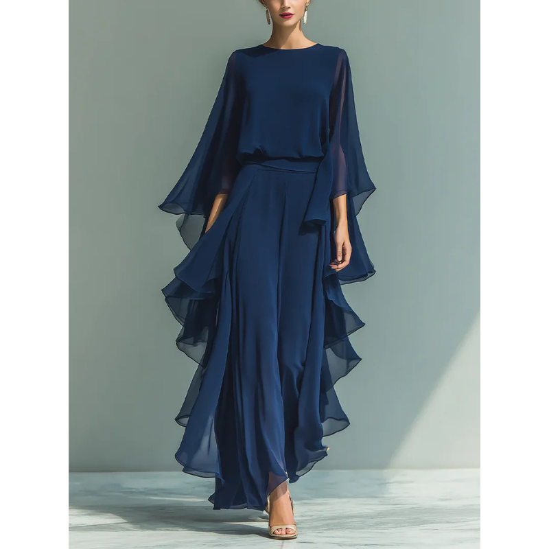 ODETTE | CHIFFON RUFFLE-SLEEVE WIDE-LEG SET FOR WOMEN