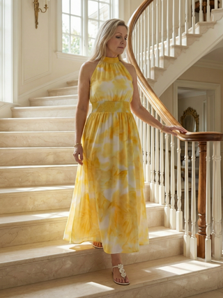SYLIN | GATHERED HALTER MIDI DRESS FOR WOMEN