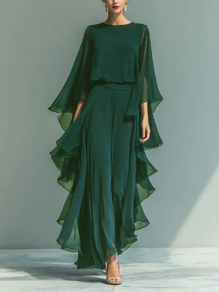 ODETTE | CHIFFON RUFFLE-SLEEVE WIDE-LEG SET FOR WOMEN