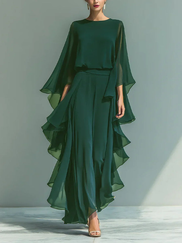 ODETTE | CHIFFON RUFFLE-SLEEVE WIDE-LEG SET FOR WOMEN