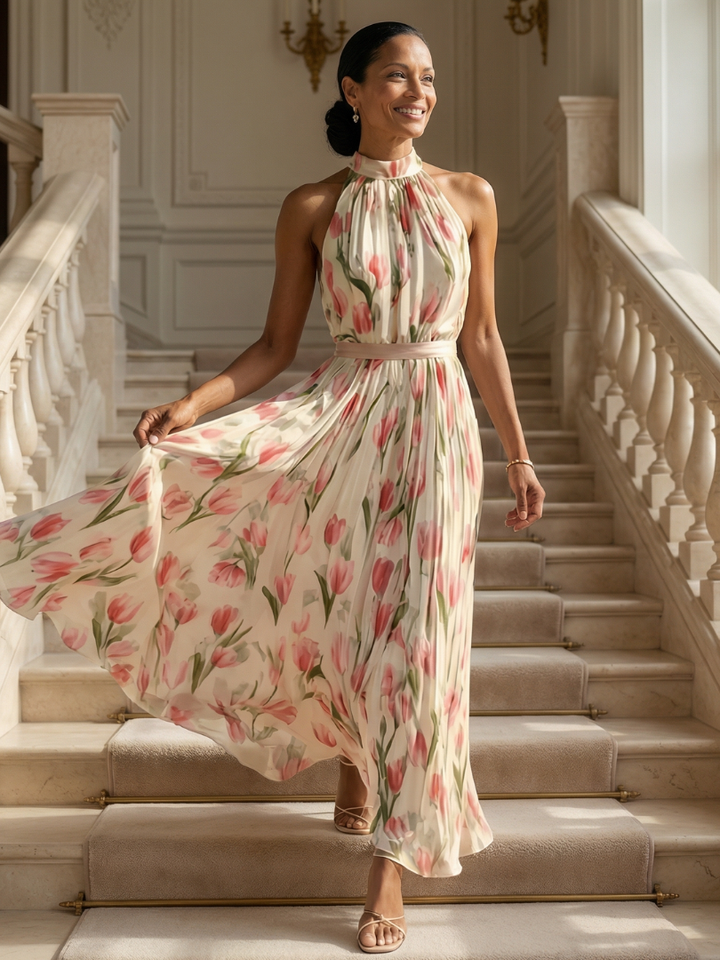AURELLE | FLORAL HALTER MIDI DRESS FOR WOMEN