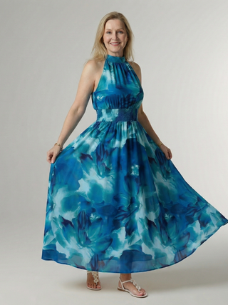 SYLIN | GATHERED HALTER MIDI DRESS FOR WOMEN