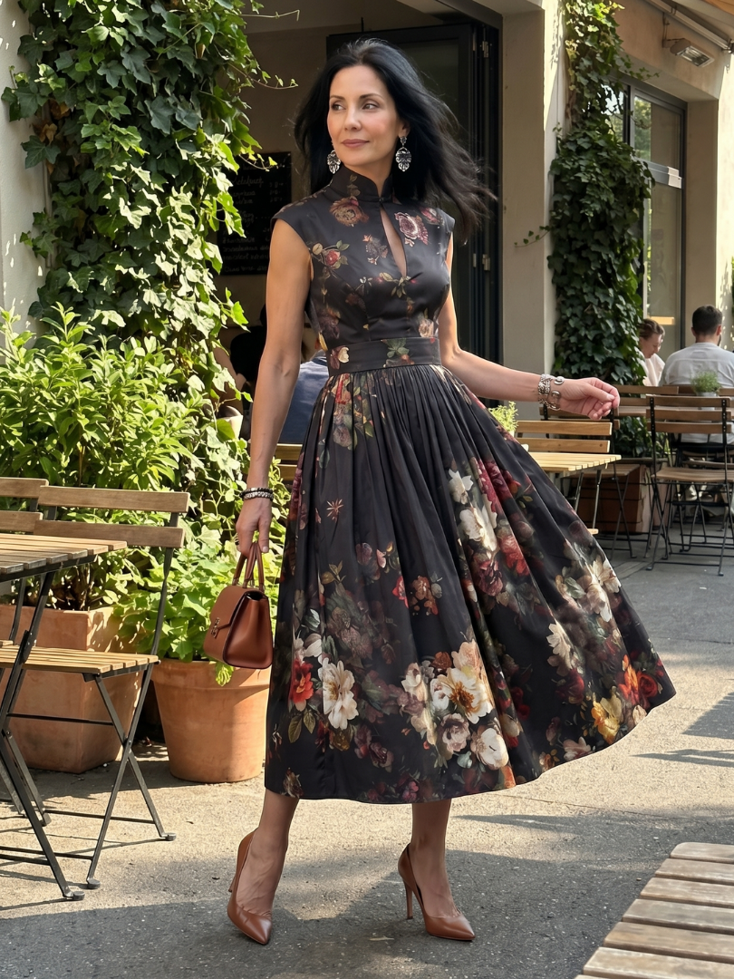 GRETA | NECK PLEATED MIDI DRESS FOR WOMEN
