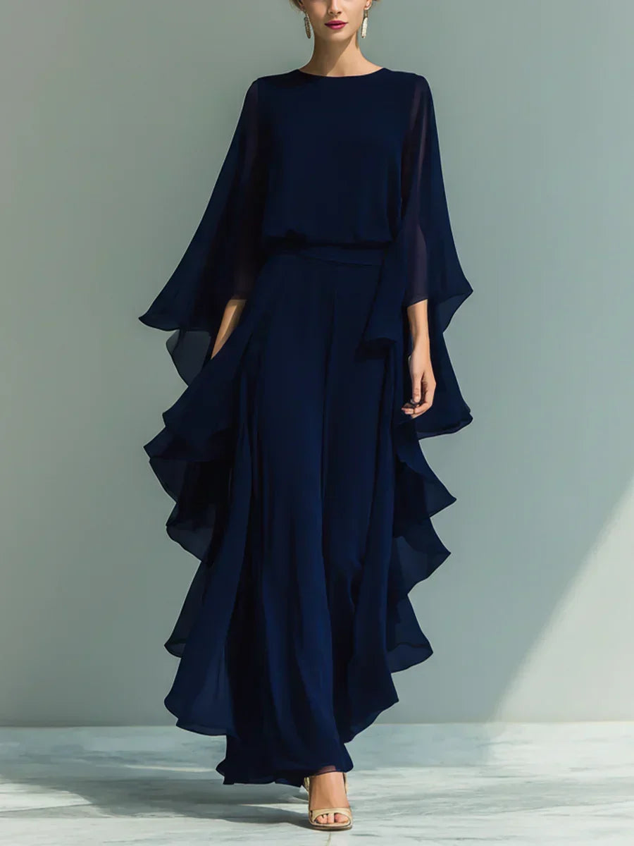 ODETTE | CHIFFON RUFFLE-SLEEVE WIDE-LEG SET FOR WOMEN