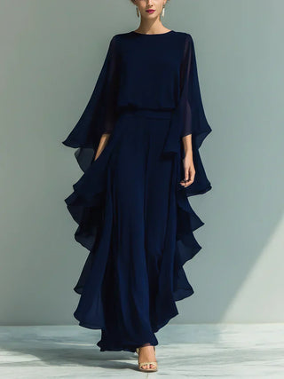ODETTE | CHIFFON RUFFLE-SLEEVE WIDE-LEG SET FOR WOMEN