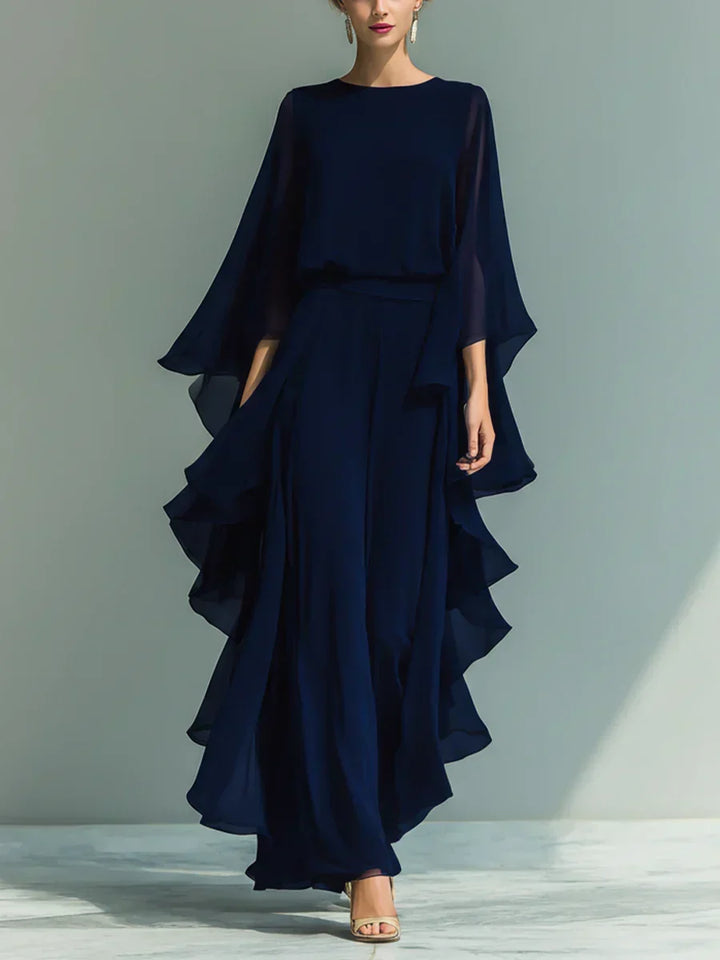 ODETTE | CHIFFON RUFFLE-SLEEVE WIDE-LEG SET FOR WOMEN
