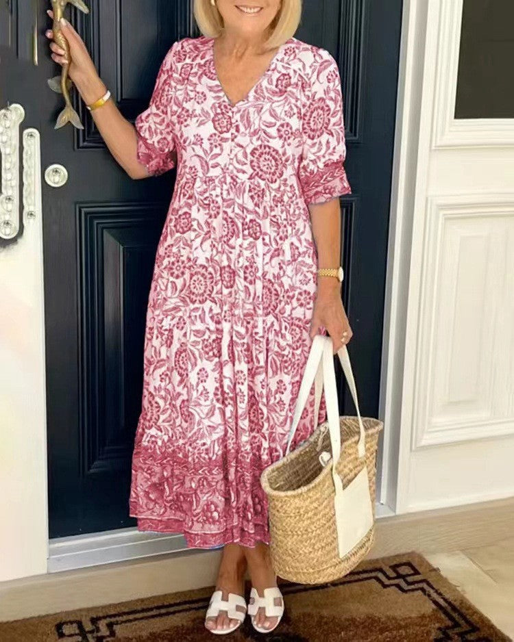 KEISHA | GRACEFUL V-NECK FLORAL DRESS FOR WOMEN