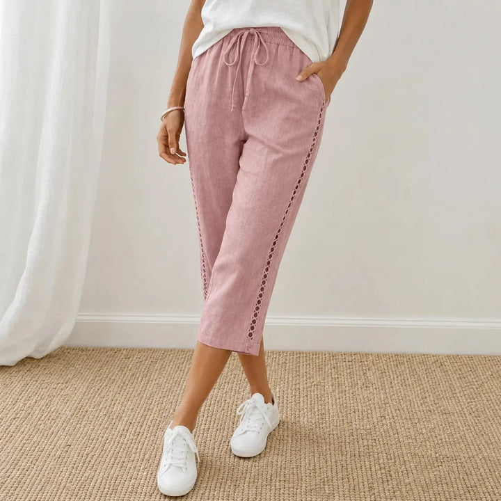 LORAVIE | EYELET TRIM COTTON-LINEN-LIKE PANTS FOR WOMEN