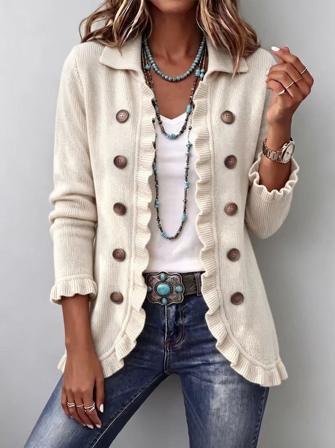 VICTOIRE | RUFFLED RIBBED KNIT JACKET FOR WOMEN