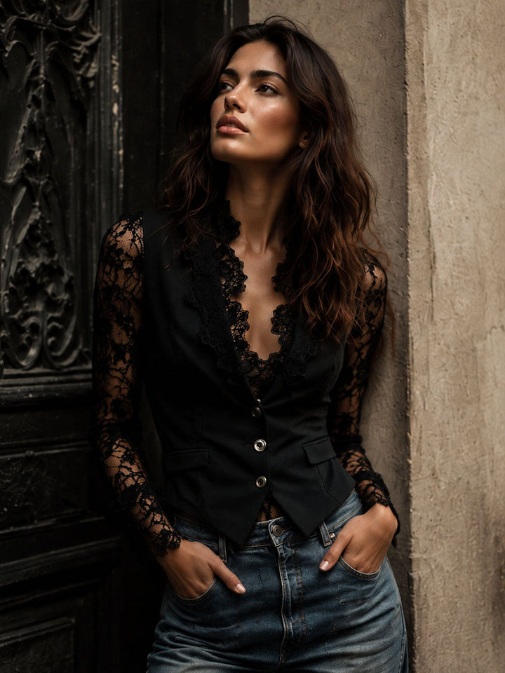 AGATA | BLACK SHEER-SLEEVE BLAZER TOP FOR WOMEN