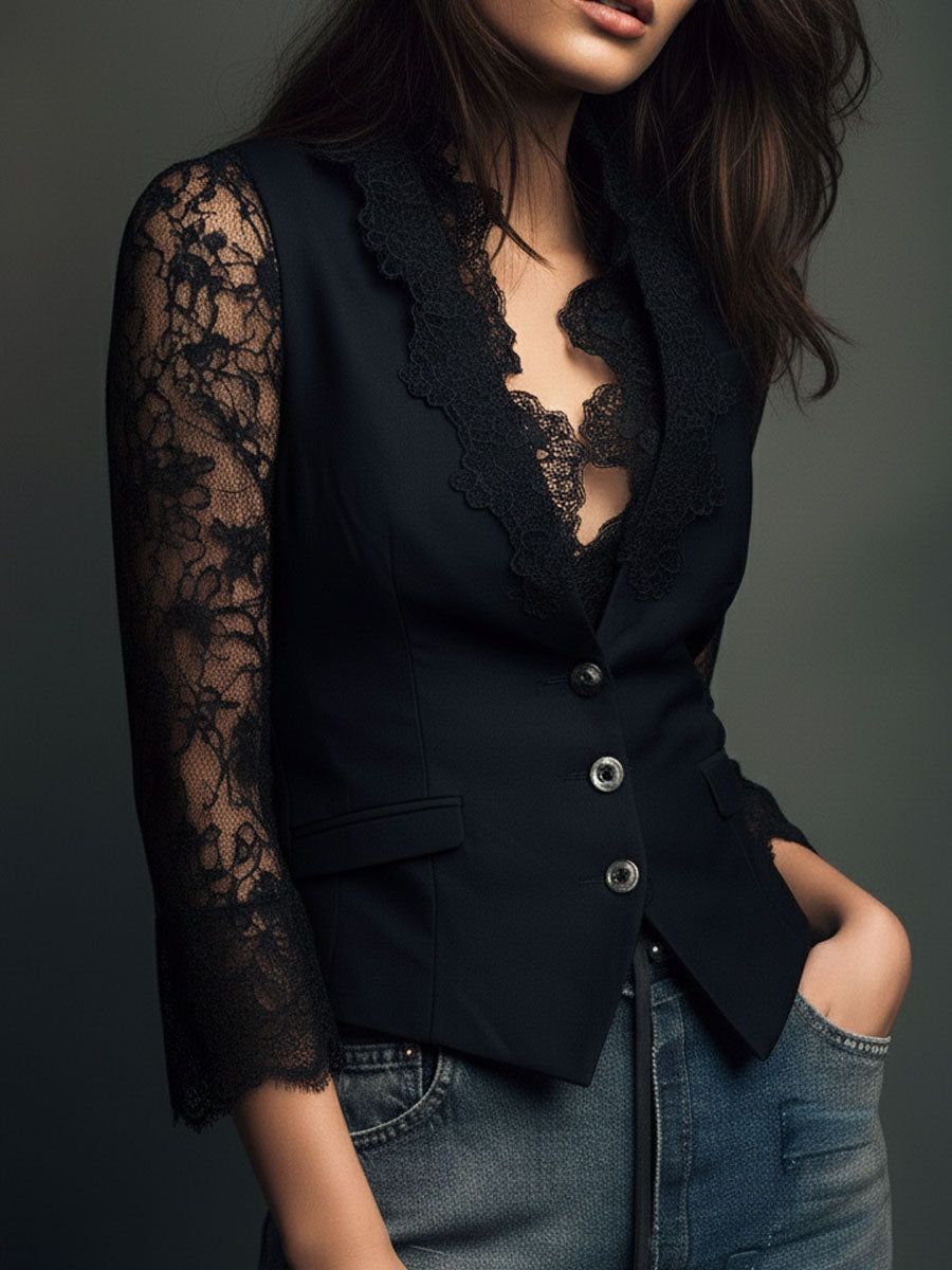 AGATA | BLACK SHEER-SLEEVE BLAZER TOP FOR WOMEN