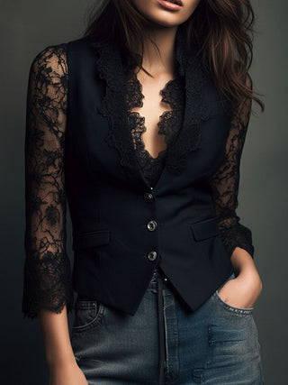 AGATA | BLACK SHEER-SLEEVE BLAZER TOP FOR WOMEN