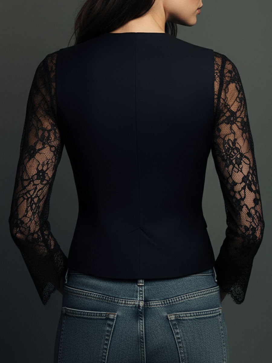 AGATA | BLACK SHEER-SLEEVE BLAZER TOP FOR WOMEN