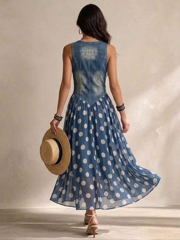 ELENA | DENIM POLKA DOT DRESS FOR WOMEN