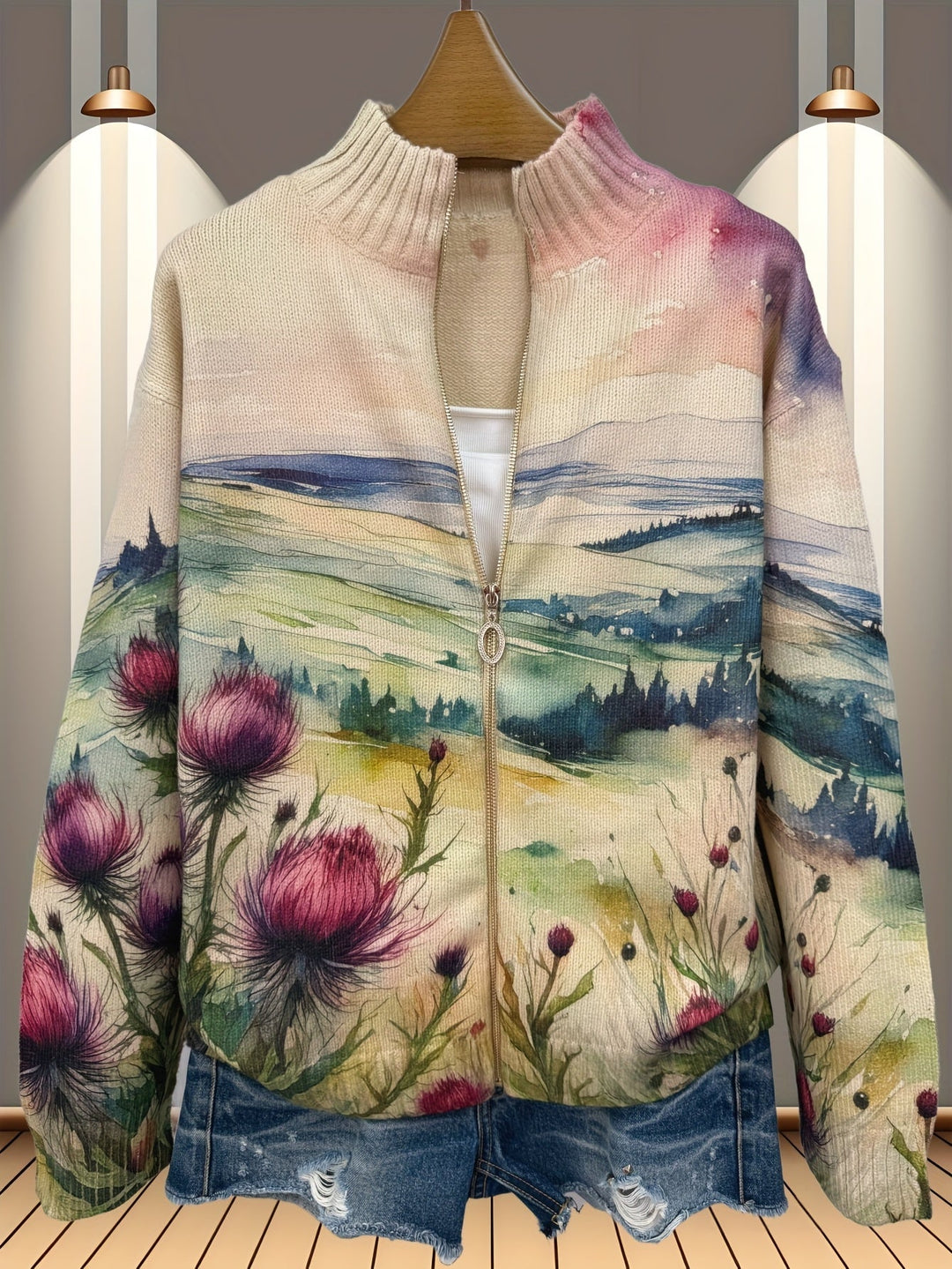 LAVINIA | SCOTTISH THISTLE LANDSCAPE CARDIGAN FOR WOMEN