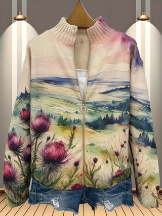 LAVINIA | SCOTTISH THISTLE LANDSCAPE CARDIGAN FOR WOMEN