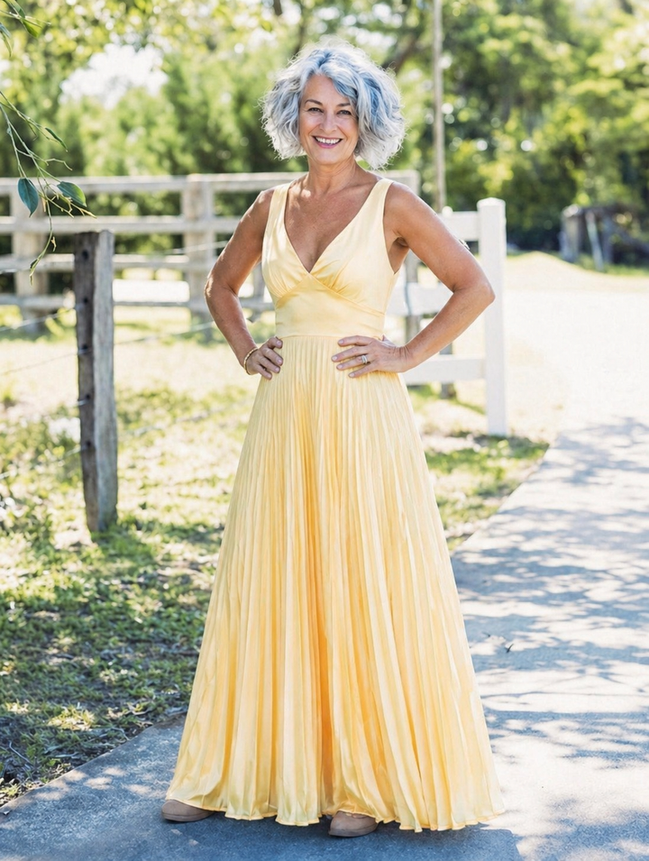 DELPHINE | PLEATED V-NECK MAXI DRESS FOR WOMEN
