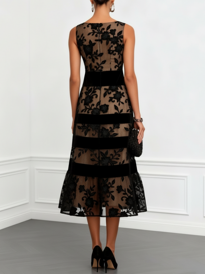 BLACK | FLORAL A-LINE MIDI DRESS FOR WOMEN