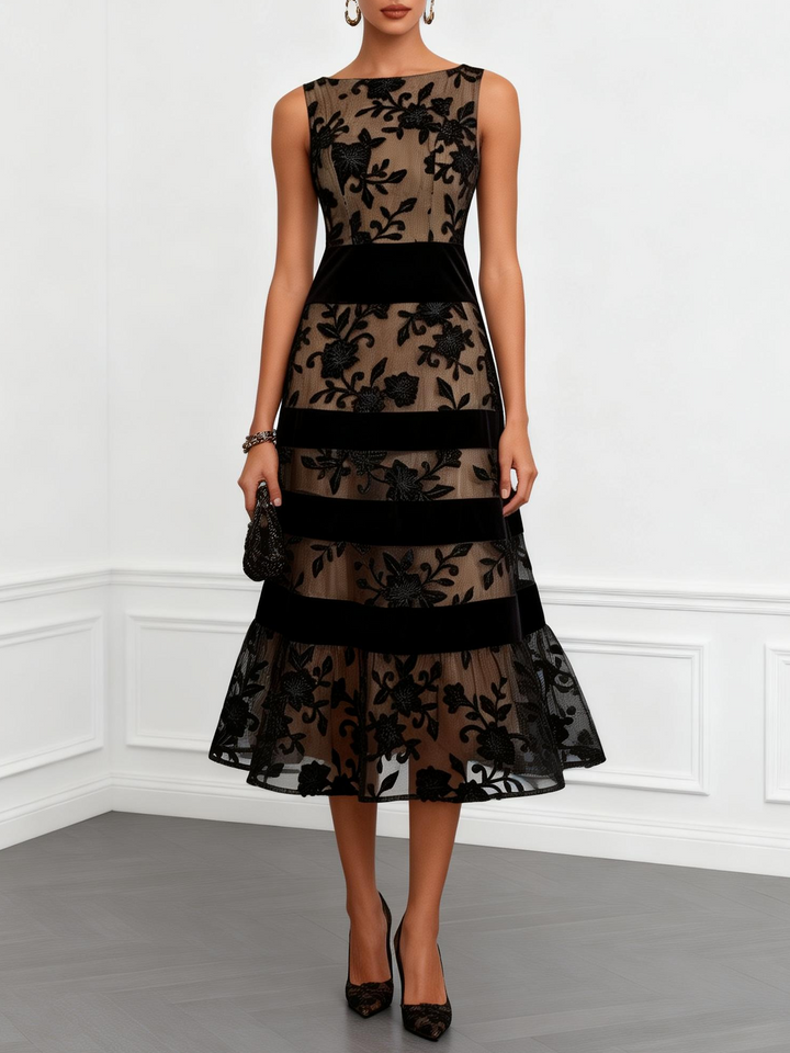 BLACK | FLORAL A-LINE MIDI DRESS FOR WOMEN