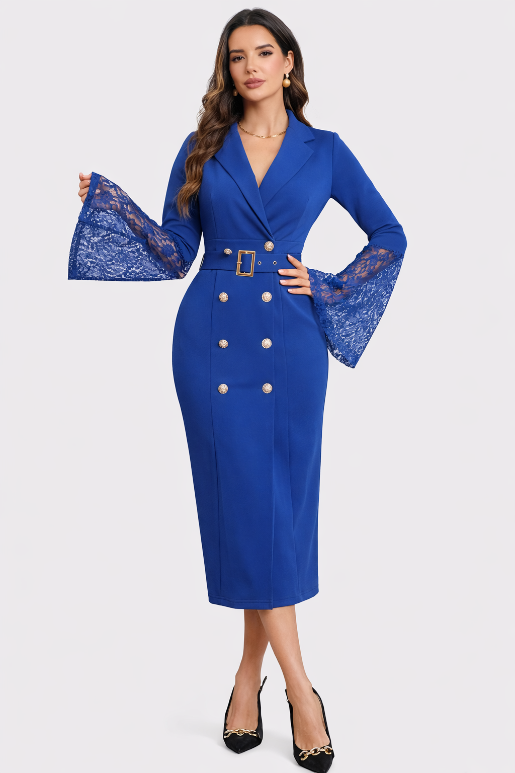MALIN | BELTED LACE-SLEEVE MIDI DRESS FOR WOMEN