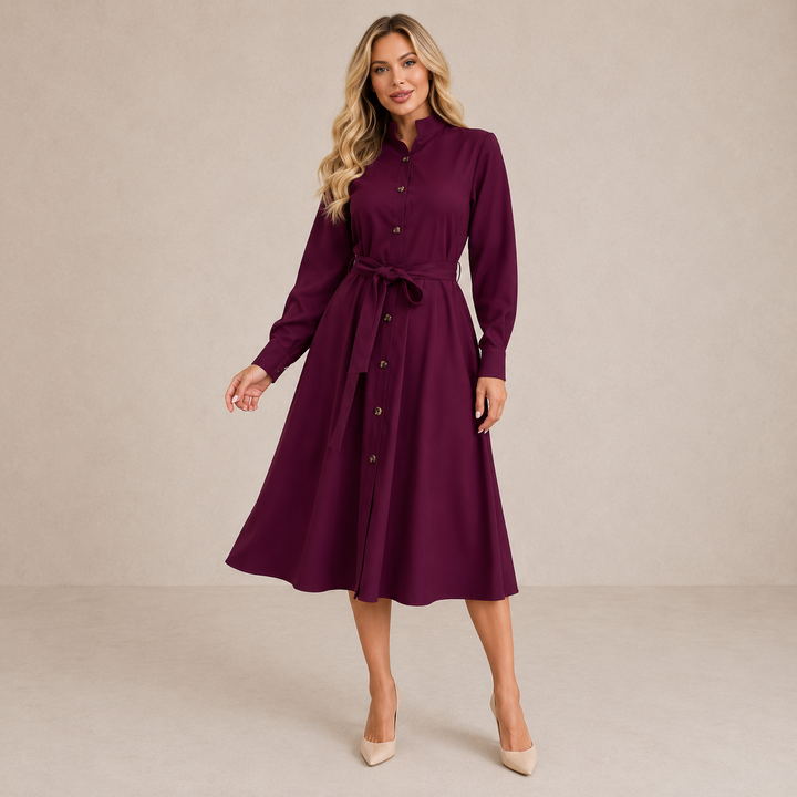 BEATRIZ | BELTED BUTTON MIDI DRESS FOR WOMEN