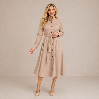 BEATRIZ | BELTED BUTTON MIDI DRESS FOR WOMEN