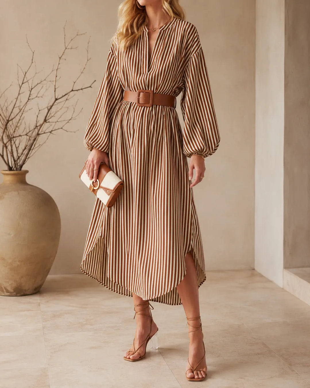 SIENNA | BELTED STRIPED MIDI DRESS FOR WOMEN
