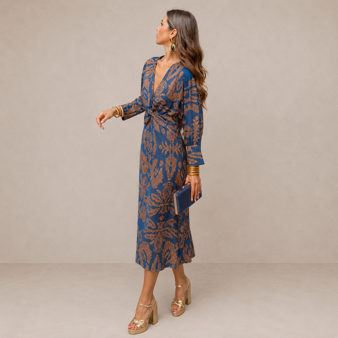PAULINA | V-NECK TIE-WAIST MIDI DRESS FOR WOMEN