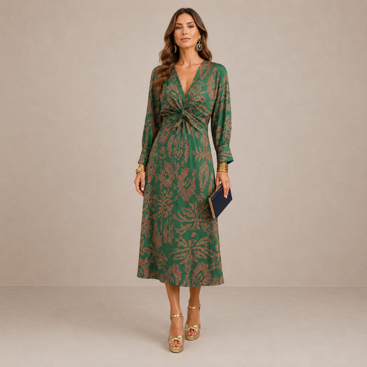 PAULINA | V-NECK TIE-WAIST MIDI DRESS FOR WOMEN
