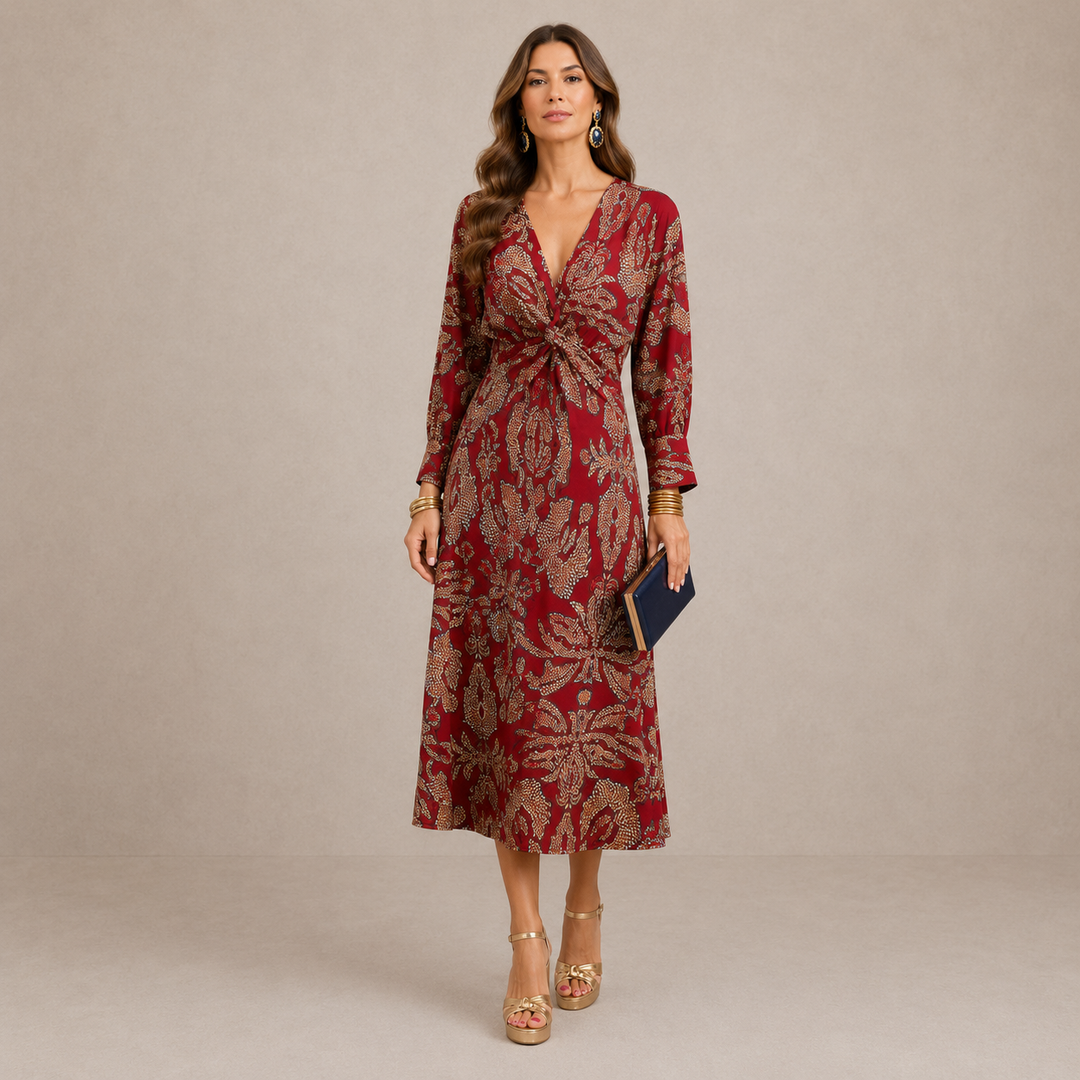 PAULINA | V-NECK TIE-WAIST MIDI DRESS FOR WOMEN