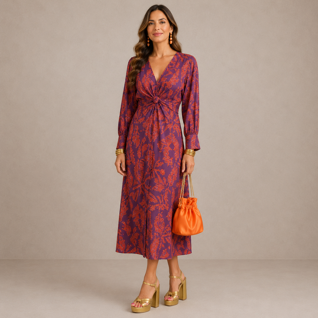 PAULINA | V-NECK TIE-WAIST MIDI DRESS FOR WOMEN