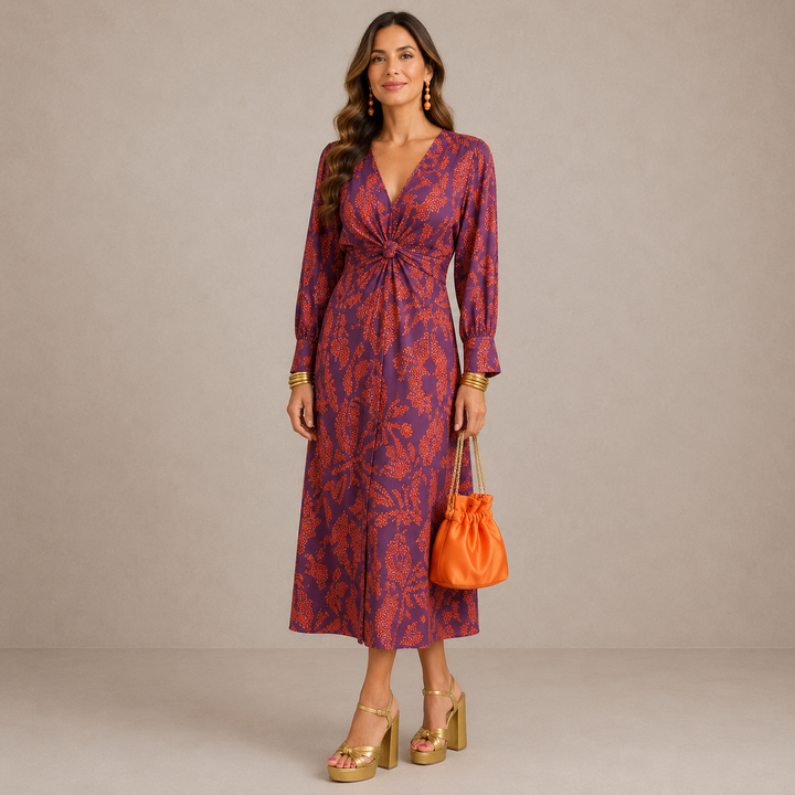 PAULINA | V-NECK TIE-WAIST MIDI DRESS FOR WOMEN