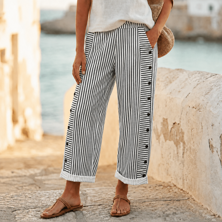 COASTLYN | STRIPED BUTTON TRIM PANTS FOR WOMEN