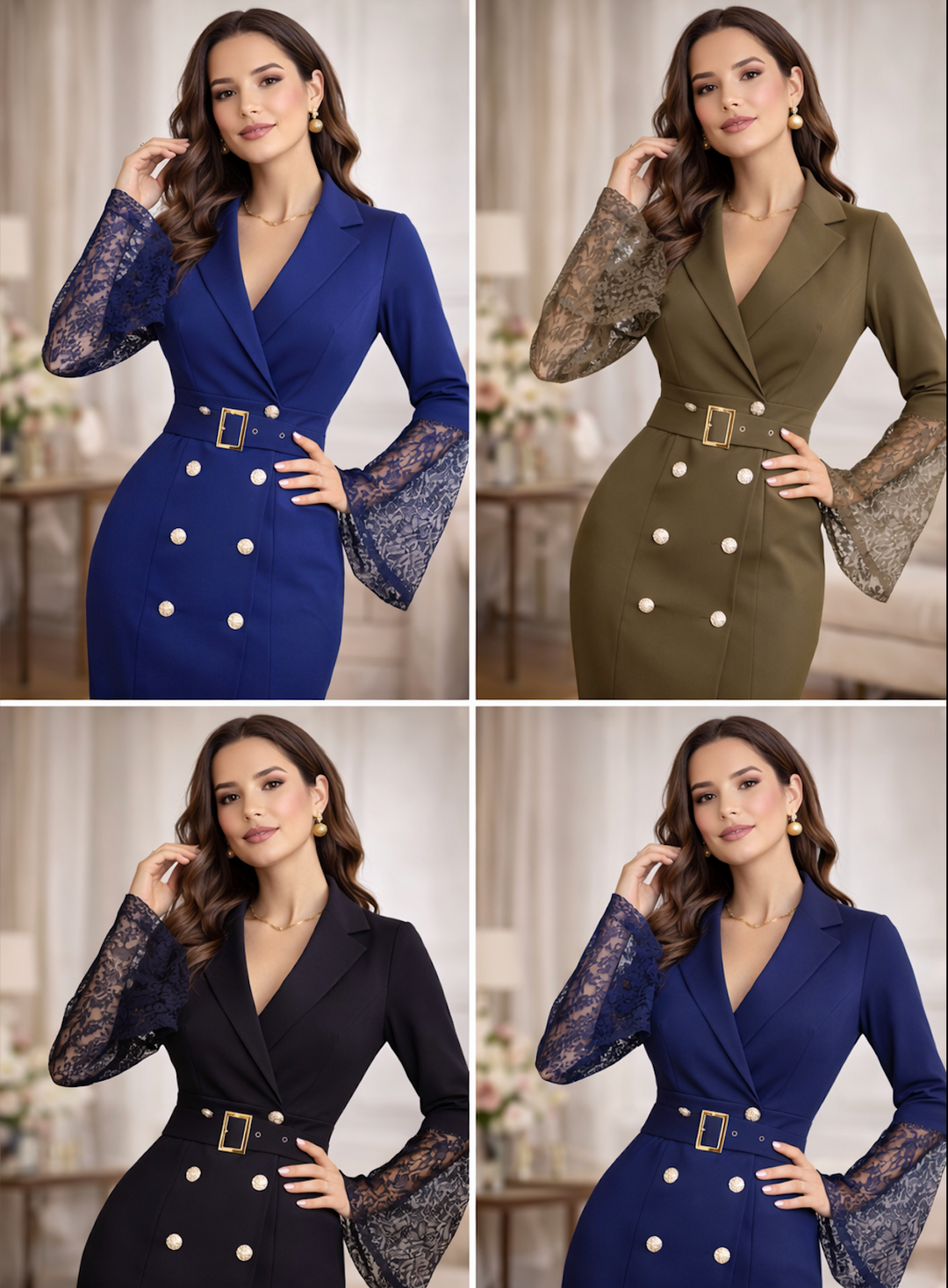 MALIN | BELTED LACE-SLEEVE MIDI DRESS FOR WOMEN