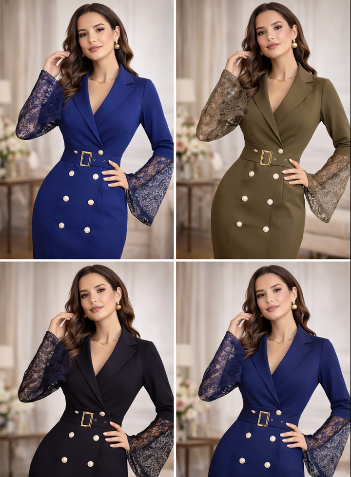 MALIN | BELTED LACE-SLEEVE MIDI DRESS FOR WOMEN