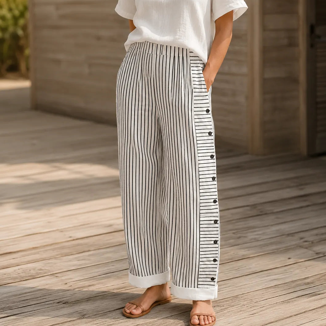 MARENA | STRIPED SIDE-BUTTON CROPPED PANTS FOR WOMEN