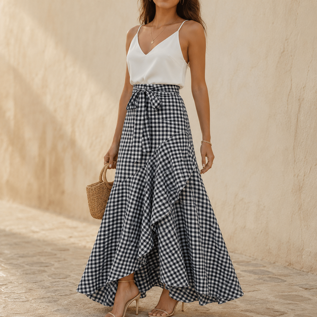 VELUNA | GINGHAM ASYMMETRICAL RUFFLE SKIRT FOR WOMEN