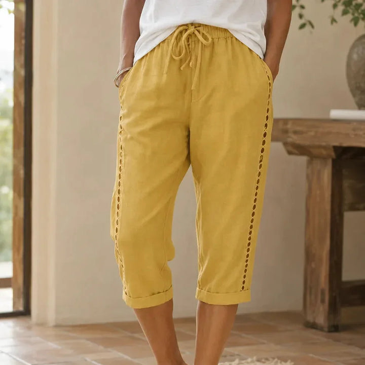LORAVIE | EYELET TRIM COTTON-LINEN-LIKE PANTS FOR WOMEN