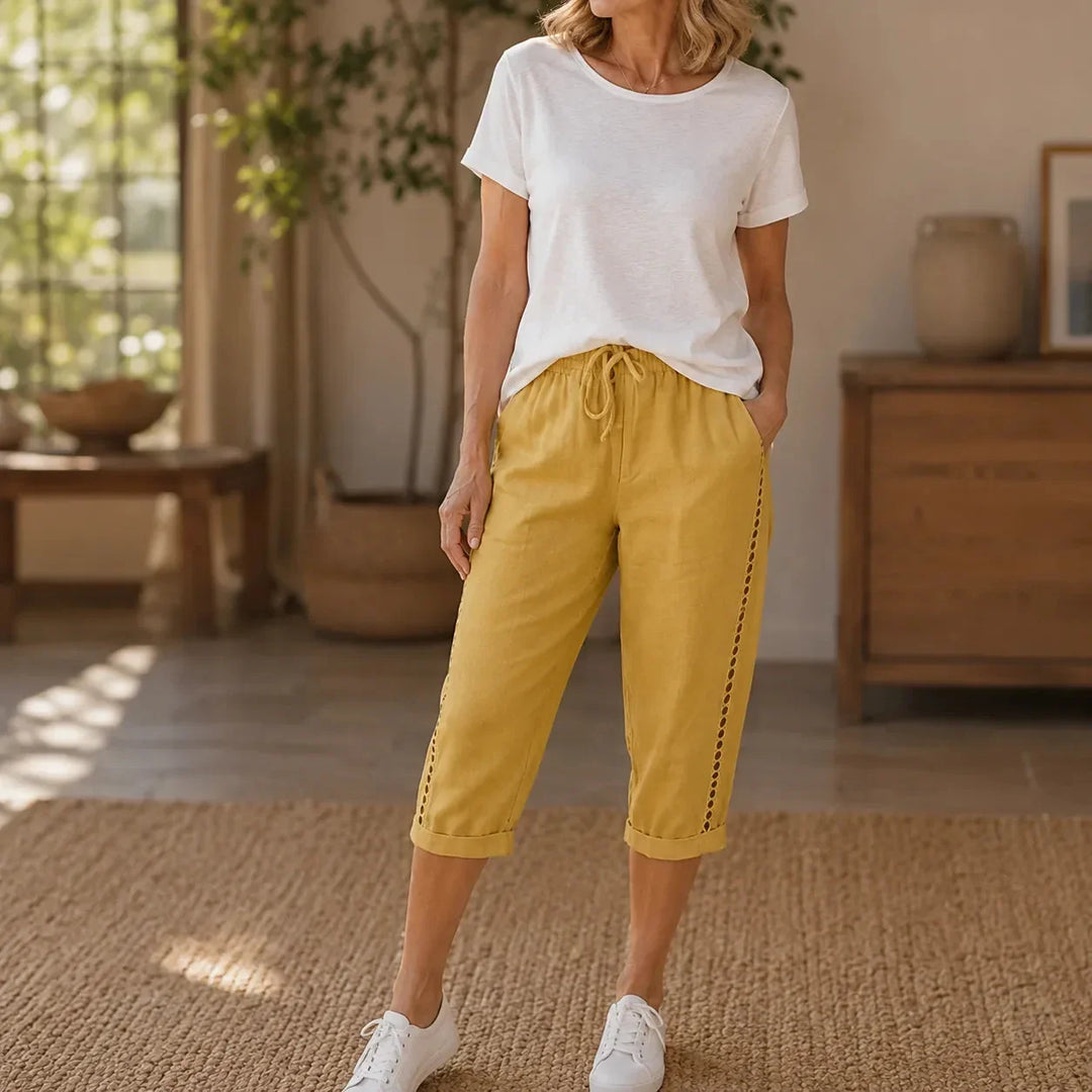 LORAVIE | EYELET TRIM COTTON-LINEN-LIKE PANTS FOR WOMEN