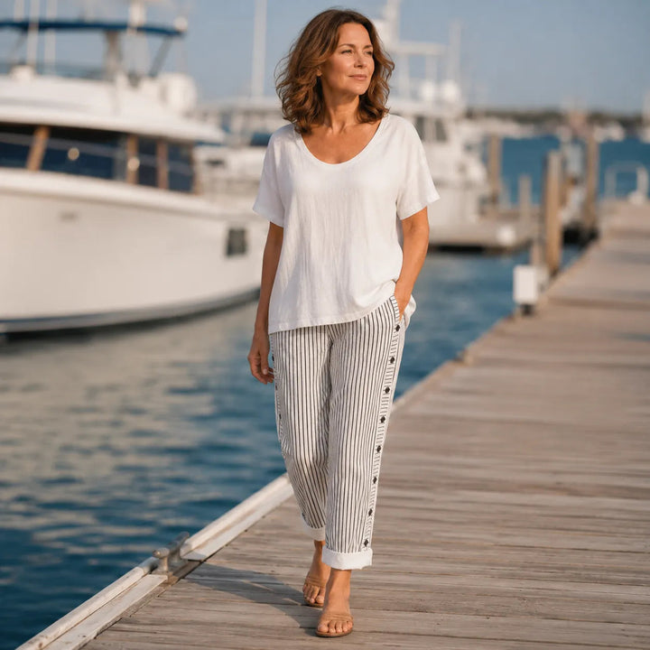 MARENA | STRIPED SIDE-BUTTON CROPPED PANTS FOR WOMEN