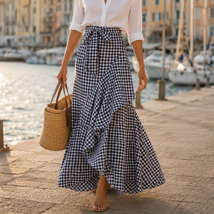 VELUNA | GINGHAM ASYMMETRICAL RUFFLE SKIRT FOR WOMEN