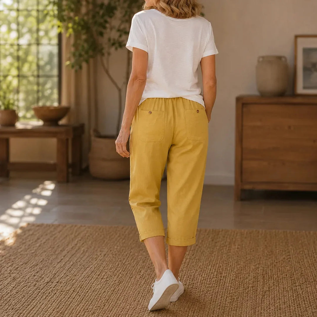 LORAVIE | EYELET TRIM COTTON-LINEN-LIKE PANTS FOR WOMEN