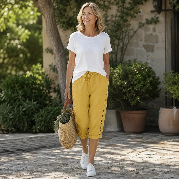 LORAVIE | EYELET TRIM COTTON-LINEN-LIKE PANTS FOR WOMEN