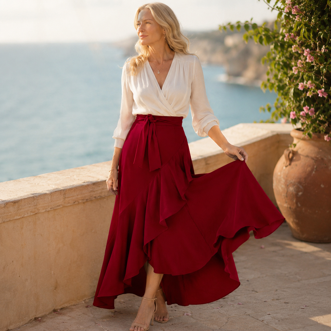 VELUNA | GINGHAM ASYMMETRICAL RUFFLE SKIRT FOR WOMEN