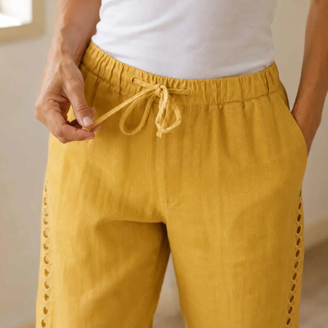 LORAVIE | EYELET TRIM COTTON-LINEN-LIKE PANTS FOR WOMEN