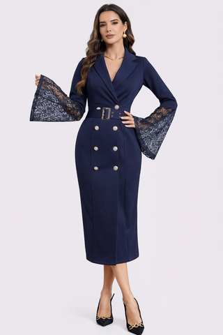 MALIN | BELTED LACE-SLEEVE MIDI DRESS FOR WOMEN