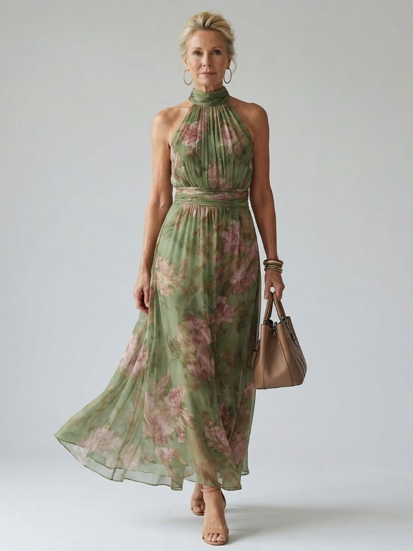 QUILLA | HALTER FLORAL MIDI DRESS FOR WOMEN